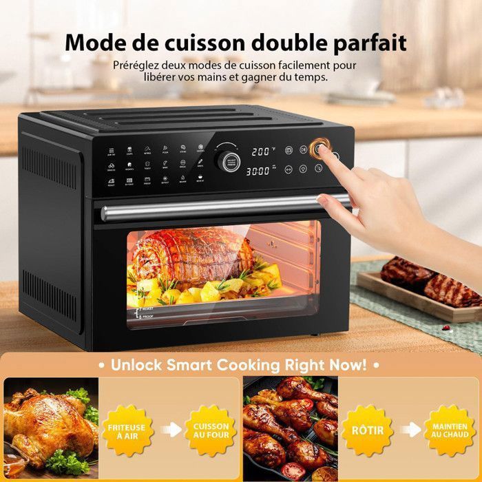 Mini four professionnel - Four a air, 30L/21 Programmes/30-230℃,  Lumière intégrée, Cavité et plateaux en acier inoxydable