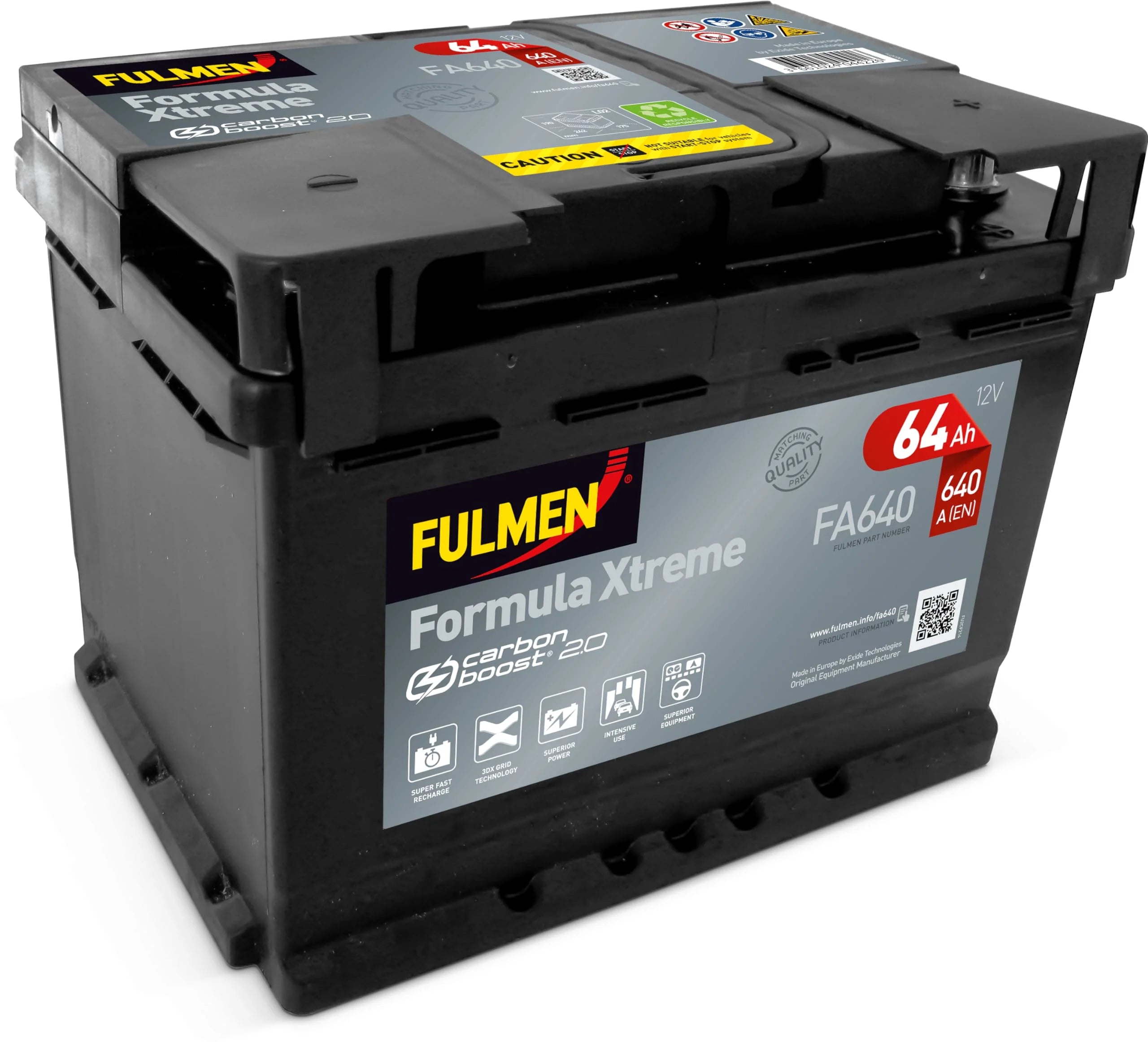 Fulmen Batterie voiture FA640 12 V 64 Ah 640 A - Marque Caractéristiques nouvelle Xtreme Carbon Boost recharge