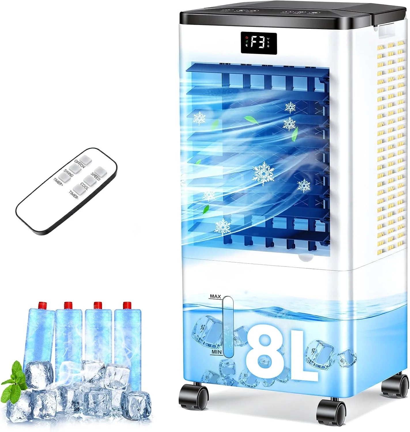 Climatiseur Mobile Silencieux, 8L Refroidisseur d'air 3 IN 1 Climatiseur Portable Ventilateur Humidificateur, 12H Minuterie, 3 Vitesses, Télécommande, Économie d'énergie pour Chambre Maison Bureau