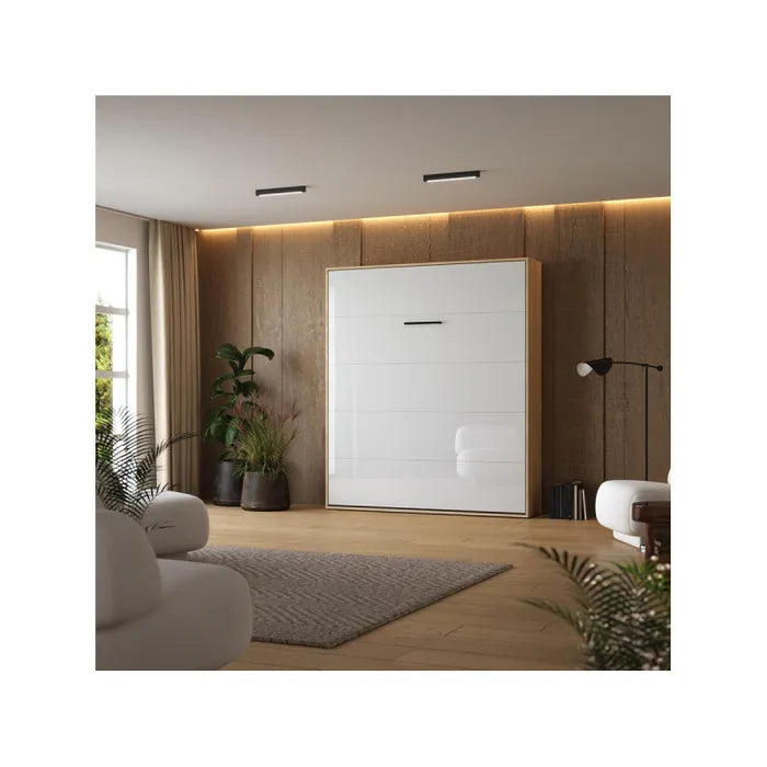 Lit Escamotable 160x200cm Vertical M1 Lit Mural Chêne Kaiserberg blanc Brillant Lit