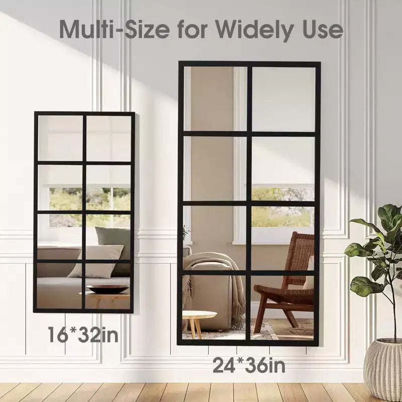 Miroir mural minimaliste JIONJOY avec cadre en métal noir, miroir décoratif de style fenêtre, miroir d'entrée incassable