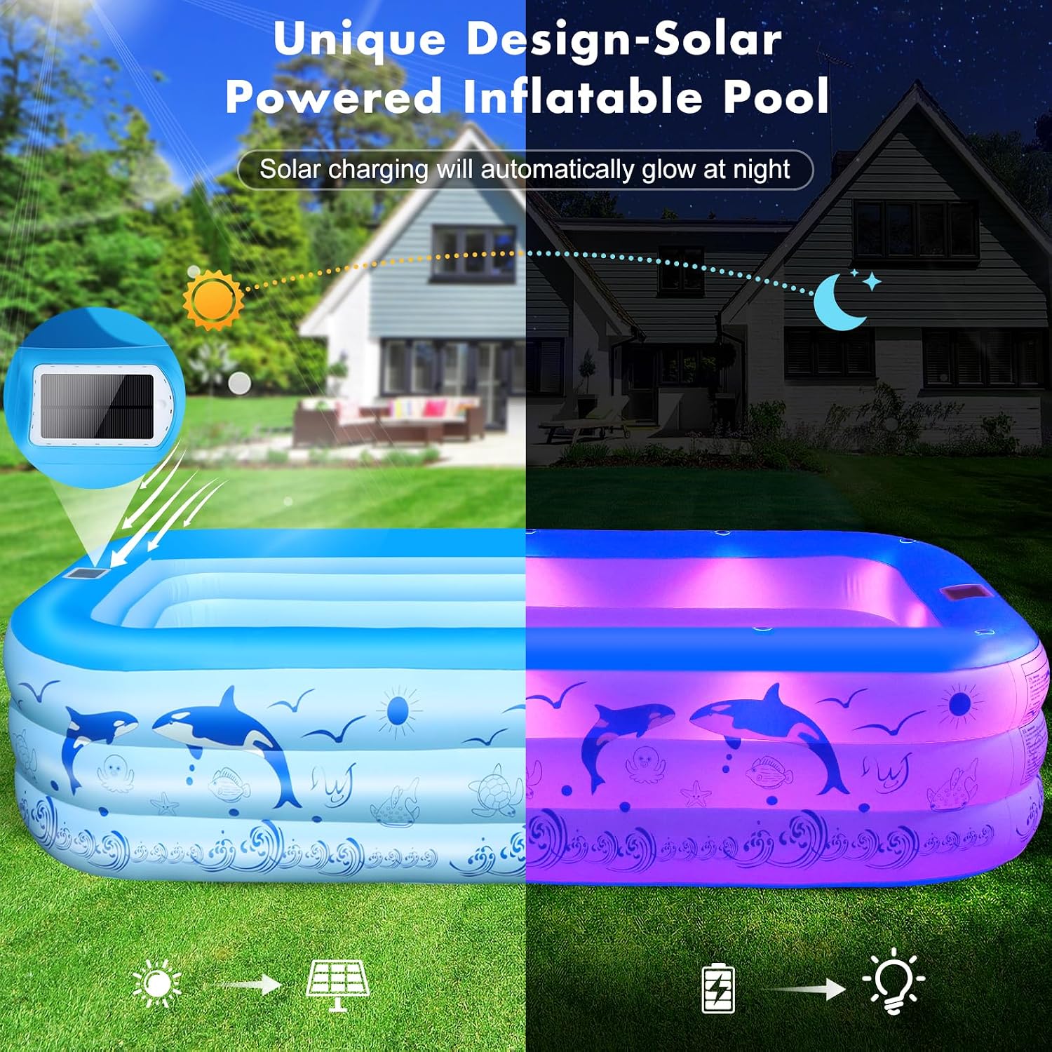 LanOcean Piscine Gonflable Adulte avec Lumières, Solaire Familiale Piscines Gonflables Rectangulaire avec 12 Mode D'éclairage,240x150x55CM Grande Piscine Gonflable Enfant, Pataugeoire Bebe pour Jardin