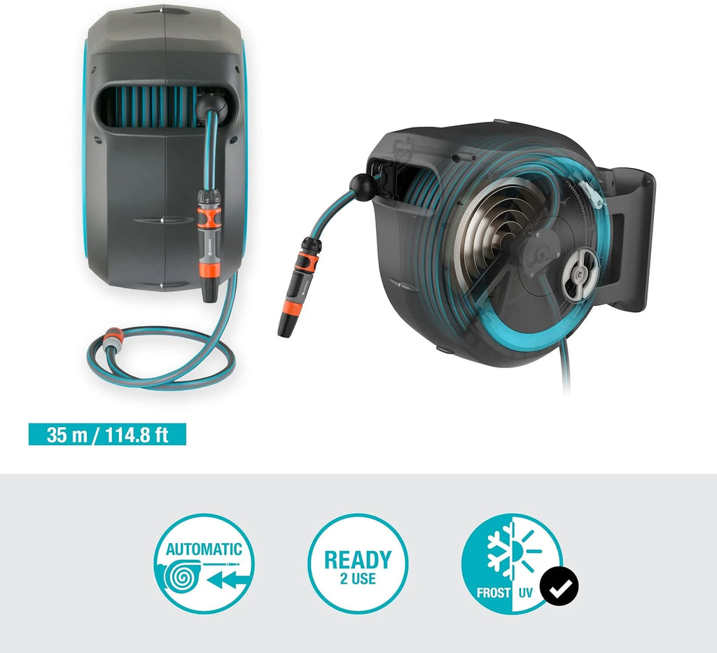 GARDENA Devidoir automatique mural RollUp XL liseret bleu - Longueur 35m - O13mm - Kit complet - Garantie 5 ans 18630-20