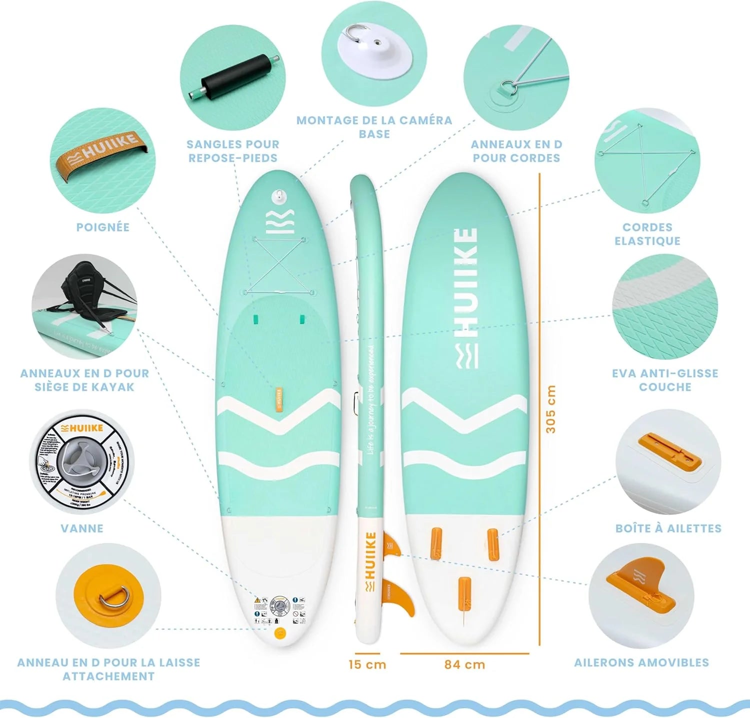 HUIIKE Paddle Gonflable Adulte avec Accessoires Inclus, Pagaie, Ailerons, Pompe. Planche de Stand Up Paddle Grande Stabilité et Résistance. 305 x 84 x 15 cm, Jusqu'à 130 kg