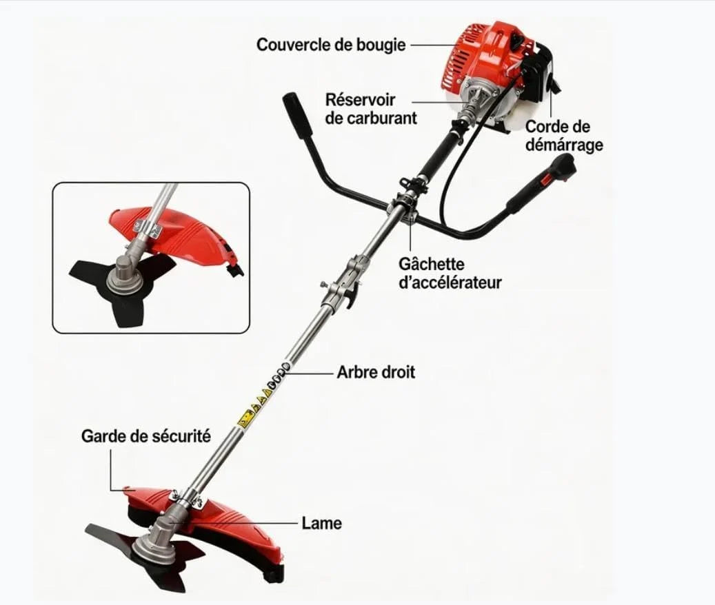 Débroussailleuse à essence 52 cc 2 temps, tige droite avec système anti-vibration, sangle de transport + accessoires pour coupe de jardin et entretien du paysage (2 en 1)