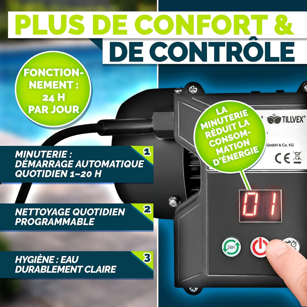 tillvex® Système de Filtre à Sable 13 200L/h jusqu'à 40 000L + 1200g Boules Filtre | 7 Fonctions & Adaptateur 2en1 Ø32-38mm | Filtre piscine & indicateur de pression (Vert, Avec minuterie)