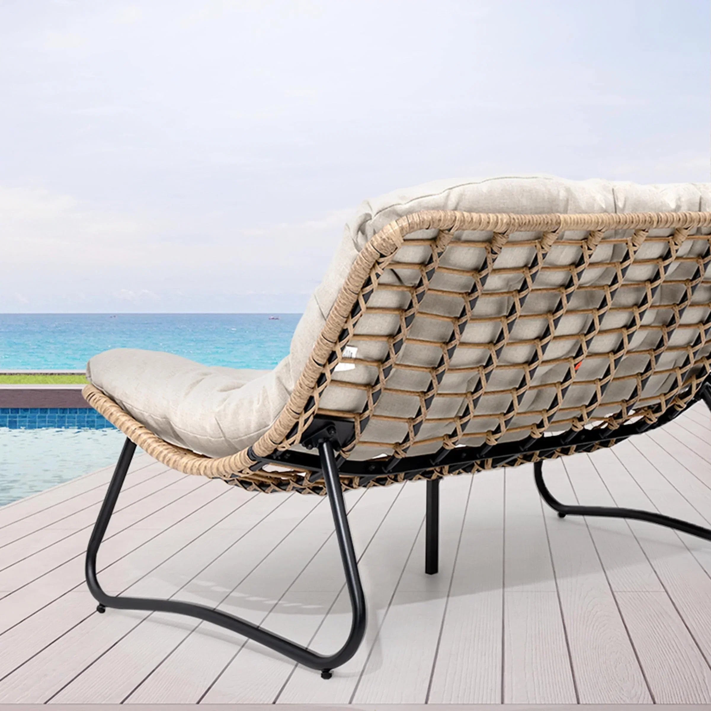 Causeuse double Papasan avec coussin, rotin PE tout temps et cadre en métal pour l'intérieur et l'extérieur
