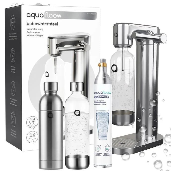 Aquafloow Machine à soda eau pétillante – acier – 3 bouteilles de 0,8 l – cylindre CO₂ inclus - Réglage d'intensité des bulles