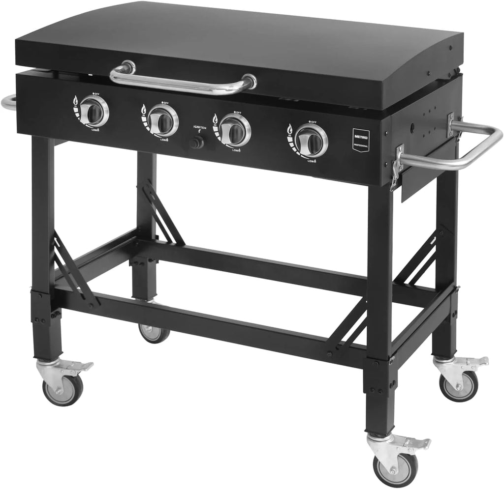 METRO PROFESSIONAL Barbecue Plancha à Gaz avec 4 Brûleurs Dayton, Acier Inoxydable, 14.8 kW, Allumage par Impulsion, 4 roulettes Pivotantes, Pliable, Noir