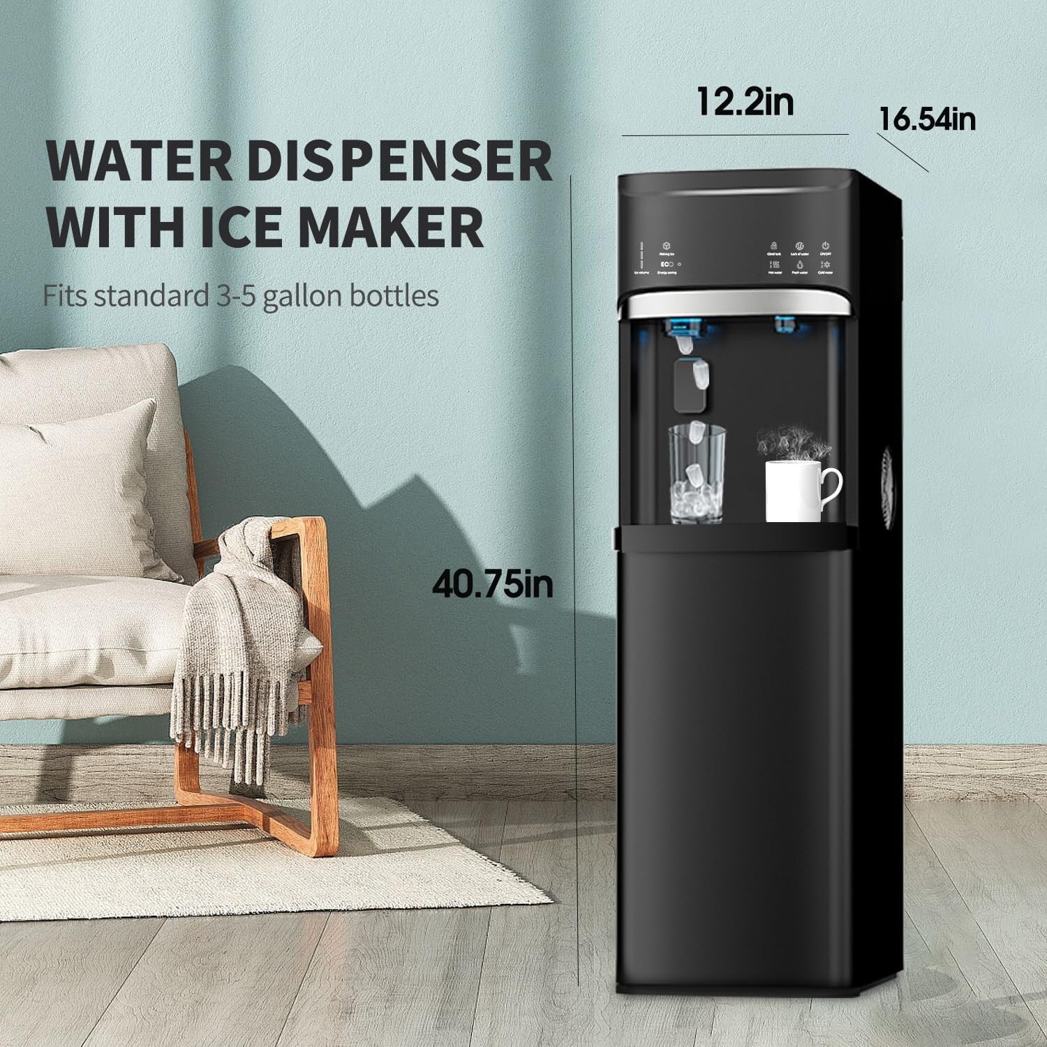 Distributeurs d'eau chaude et froide 3-en-1 noirs avec machine à glaçons