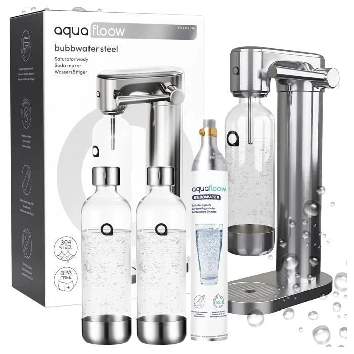 Aquafloow Machine à soda eau pétillante – acier – 3 bouteilles de 0,8 l – cylindre CO₂ inclus - Réglage d'intensité des bulles