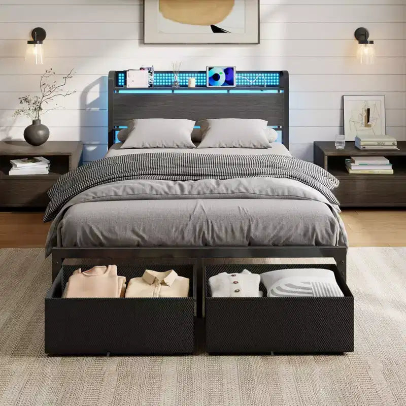 Cadre de lit plateforme pleine grandeur 2 tiroirs de rangement Tête de lit Lumières LED Station de charge Métal Bois robuste Pas besoin de sommier Chambre d'amis USB