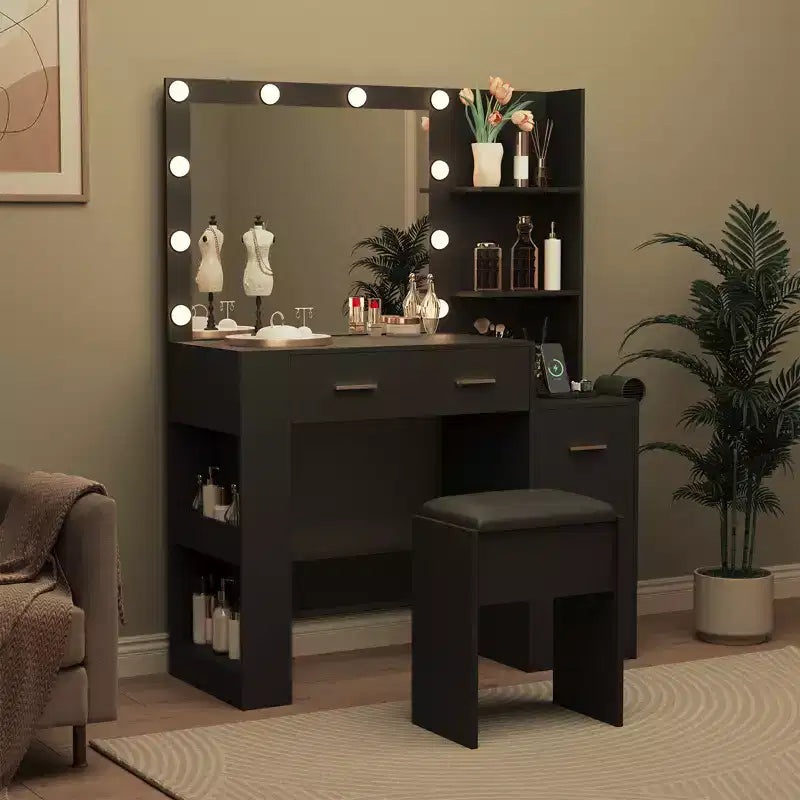 Miroir 10 ampoules | Prises intégrées Grande coiffeuse de 104 cm avec miroir et 3 modes d'éclairage - Table de maquillage avec tabouret et 5 tiroirs pour chambre à coucher