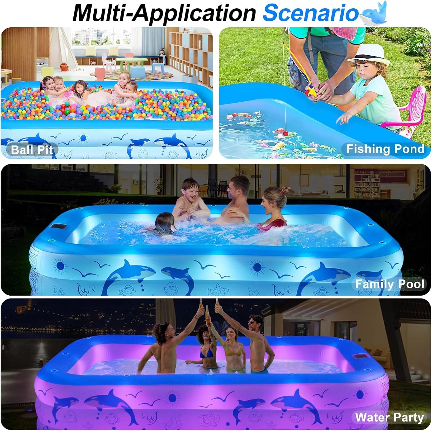 LanOcean Piscine Gonflable Adulte avec Lumières, Solaire Familiale Piscines Gonflables Rectangulaire avec 12 Mode D'éclairage,240x150x55CM Grande Piscine Gonflable Enfant, Pataugeoire Bebe pour Jardin