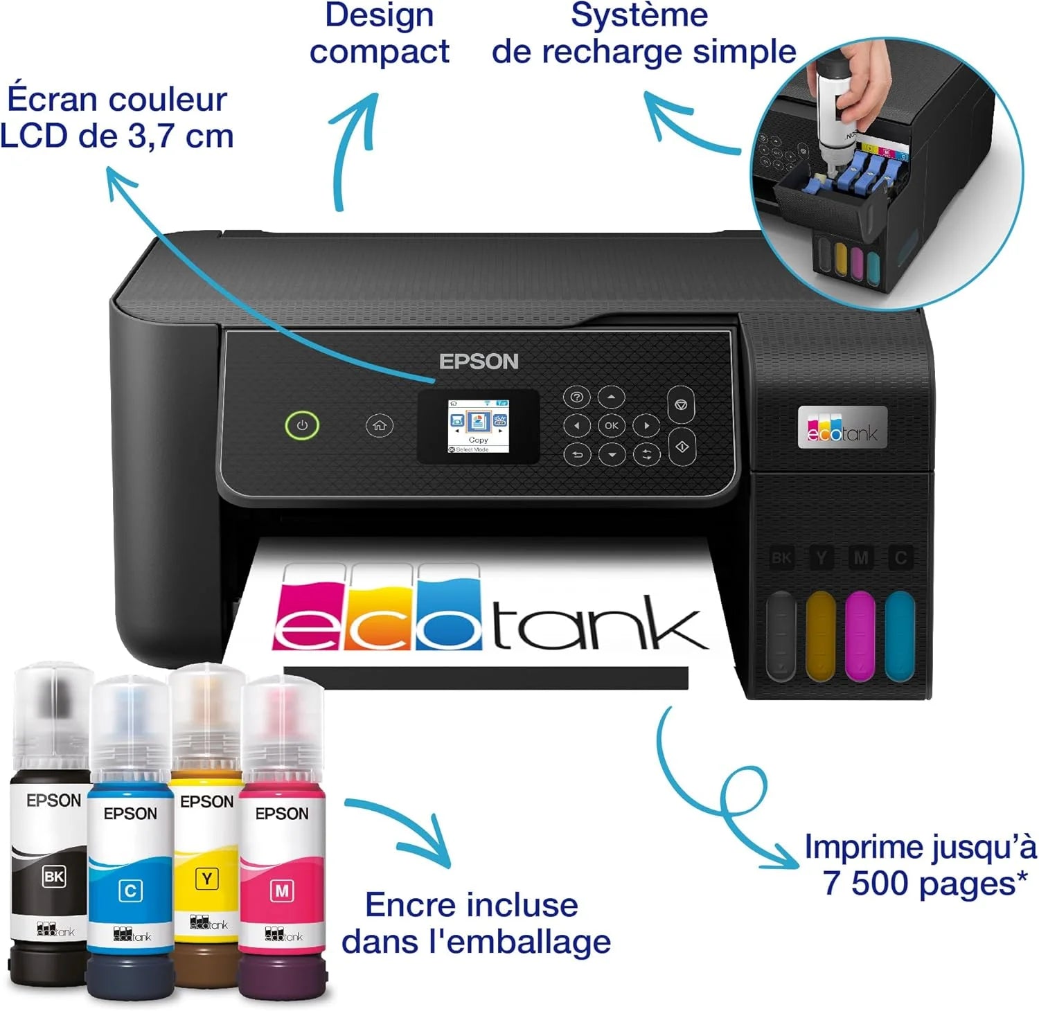 EcoTank Imprimante sans Fil ET-2870 | Réservoirs d'encre Haute capacité - Économisez jusqu'à 90% sur Les coûts d'encre - Impression Mobile, Copie, numérisation - 3 Ans d'encre Inclus