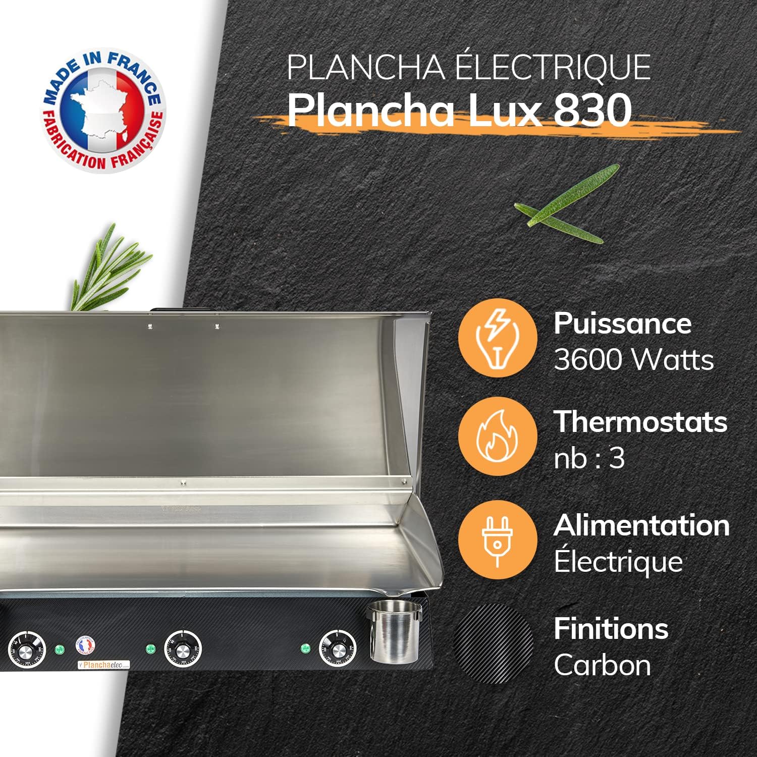Pack Plancha Electrique LUX 830 - Chariot Rivoli + Accessoires - Inox - Finitions Carbon - 3 Thermostats Réglables - Made In France - L83 X P45 X H20 cm