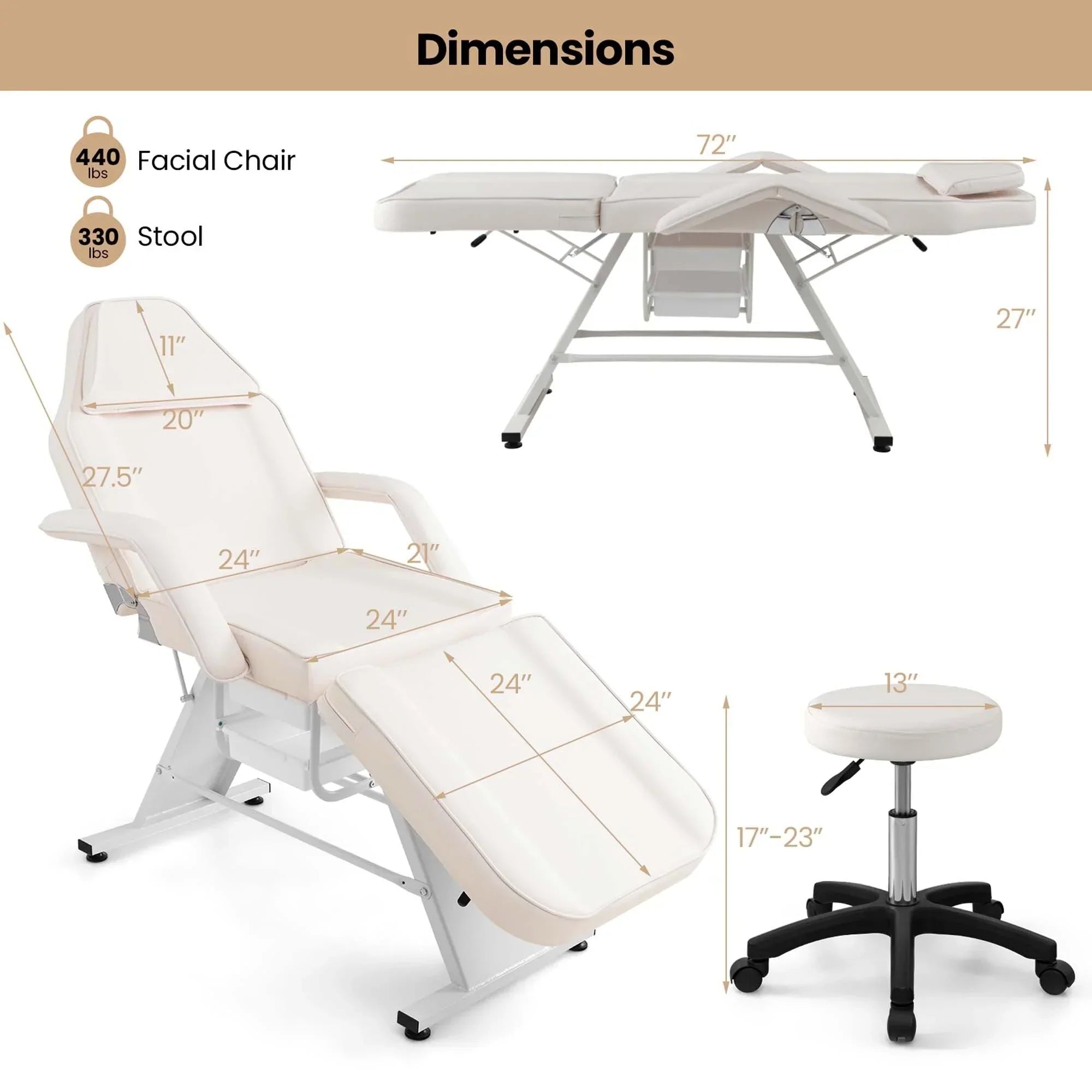 Costway Lit de massage 72" avec tabouret hydraulique et dossier réglable
