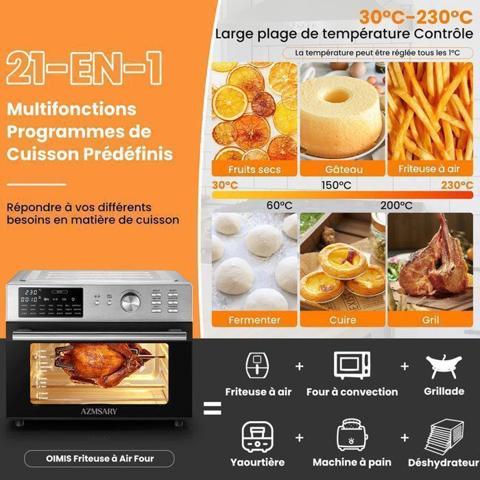 Mini four professionnel - Four a air, 30L/21 Programmes/30-230℃, Lumière intégrée, Cavité et plateaux en acier inoxydable