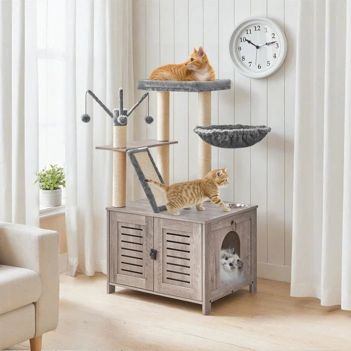 HOOBRO Arbre à Chat avec Maison de Litière pour Chat, Maison pour Chat en Bois avec Tour à Chat, Grège