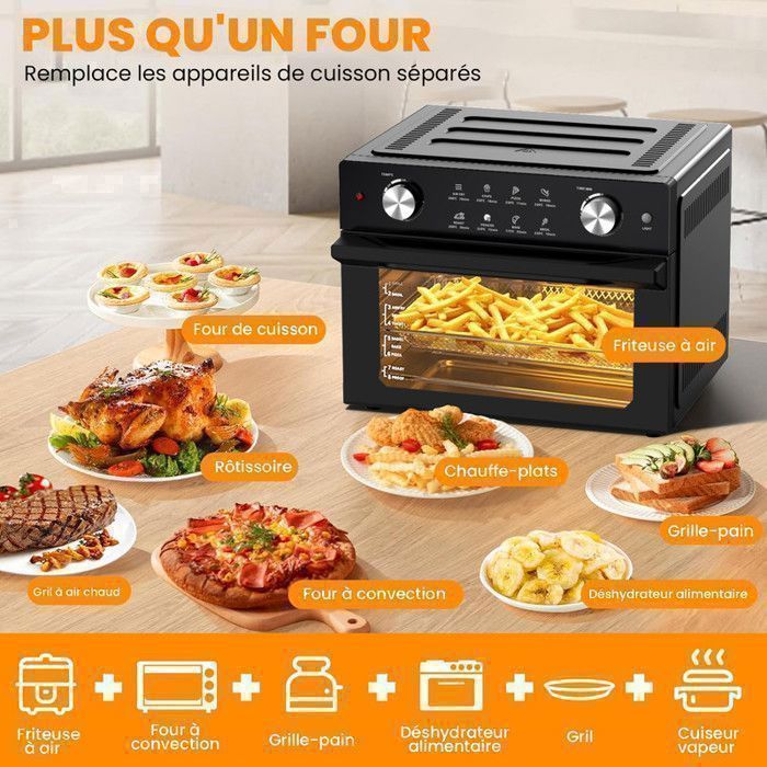Mini four professionnel - Four a air, 30L/21 Programmes/30-230℃, Lumière intégrée, Cavité et plateaux en acier inoxydable