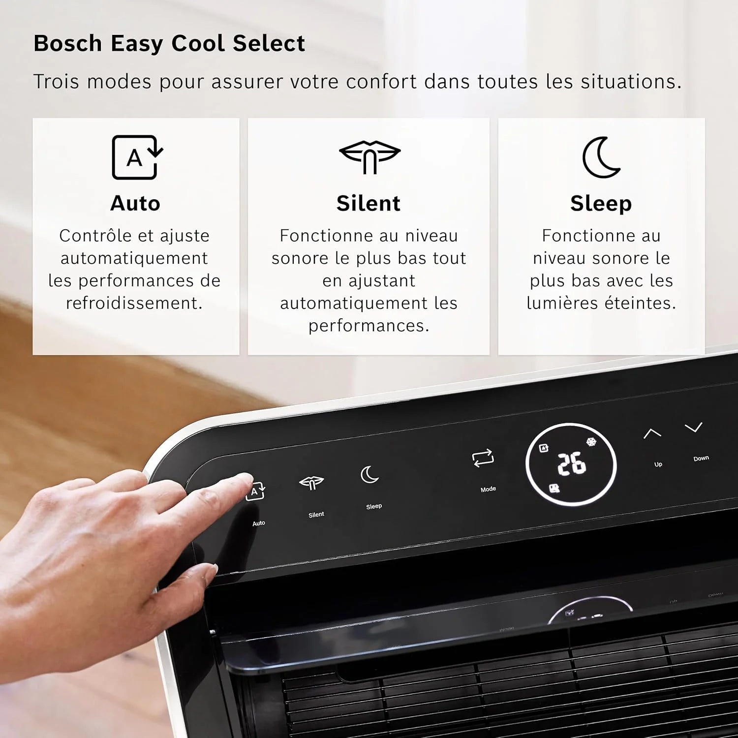 Bosch Cool 4000 Portable AC - 3 en 1 Climatiseur, Déshumidificateur, Ventilateur - 2,6 kW pour les pièces jusqu'à 35m² - Avec Mode Auto, Mode Silencieux et Mode Veille (48 db (A)) [Classe A+]