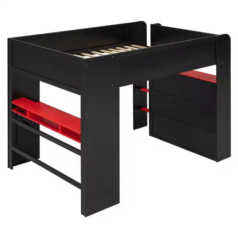 Lit mezzanine double Luxystar avec bureau réglable lumineux, armoire ouverte et bibliothèque