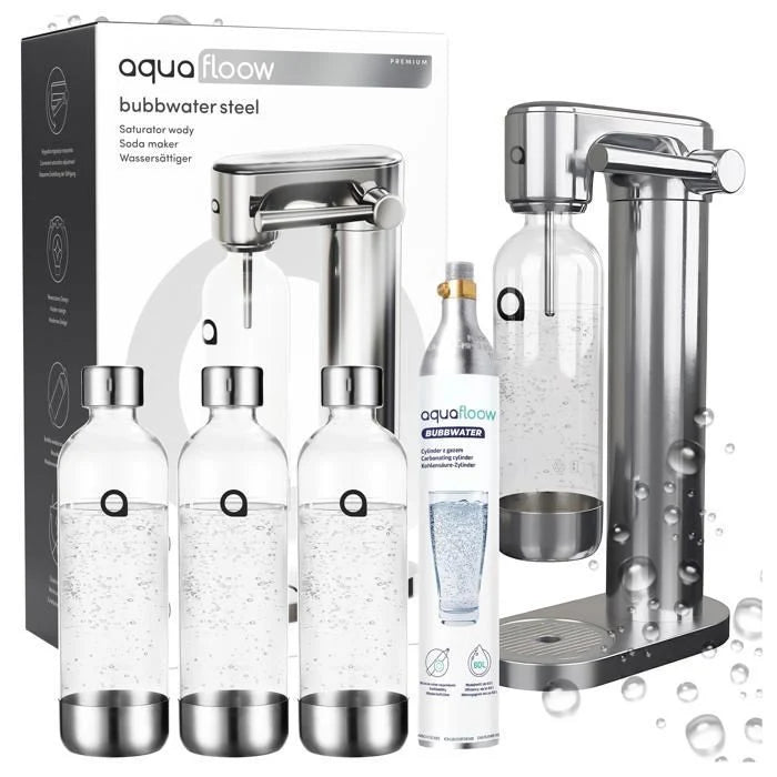 Aquafloow Machine à soda eau pétillante – acier – 3 bouteilles de 0,8 l – cylindre CO₂ inclus - Réglage d'intensité des bulles
