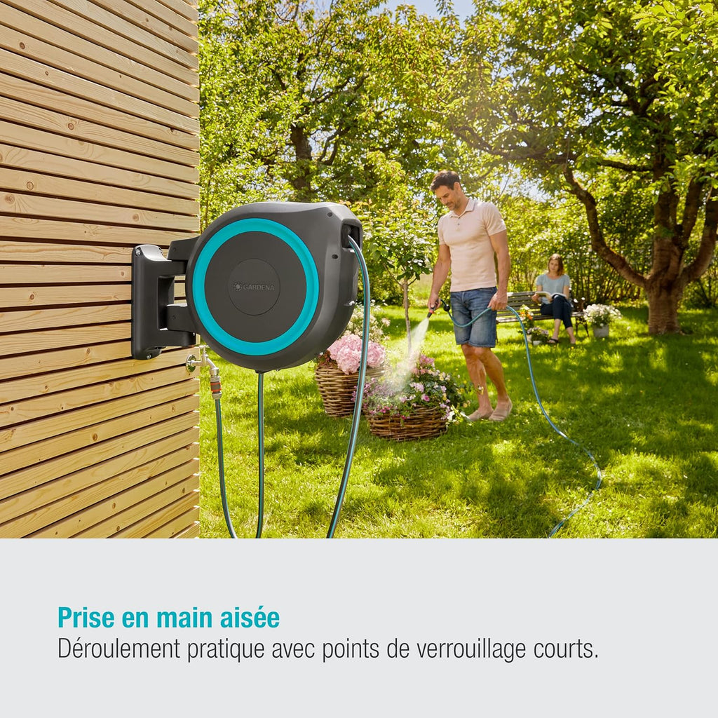 GARDENA Devidoir automatique mural RollUp XL liseret bleu - Longueur 35m - O13mm - Kit complet - Garantie 5 ans 18630-20