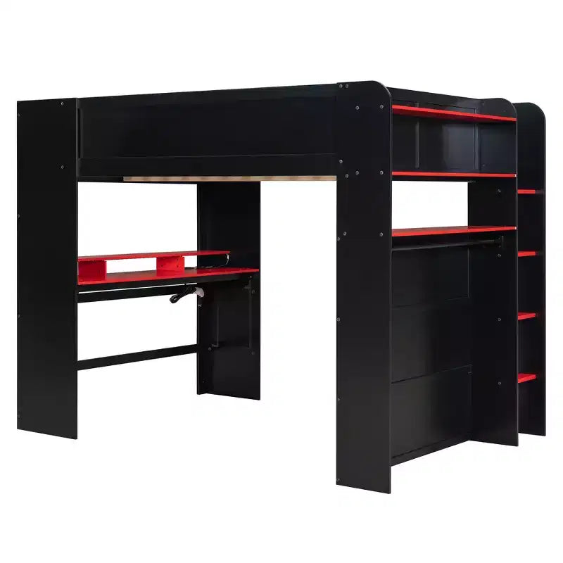 Lit mezzanine double Luxystar avec bureau réglable lumineux, armoire ouverte et bibliothèque