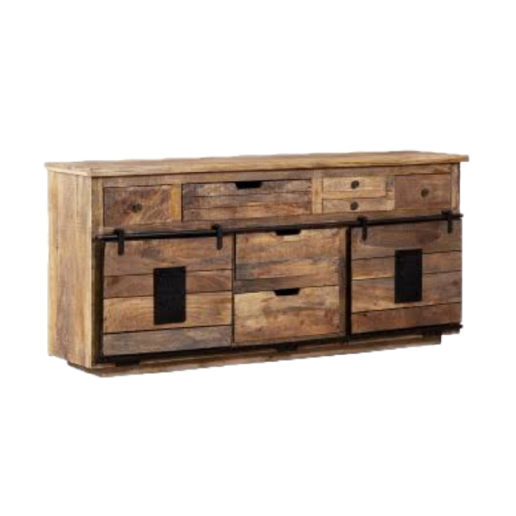 Buffet industriel en bois massif avec portes coulissantes — style vintage atelier