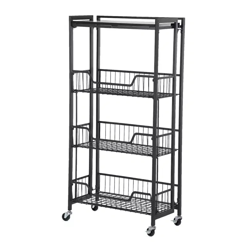 Chariot de Rangement de Cuisine Pliable à 3 Niveaux, Cadre et Étagères en Fer, Organisateur de Garde-Manger Gain de Place pour Fruits, Collations, Chariot de Service avec Roulettes Verrouillables