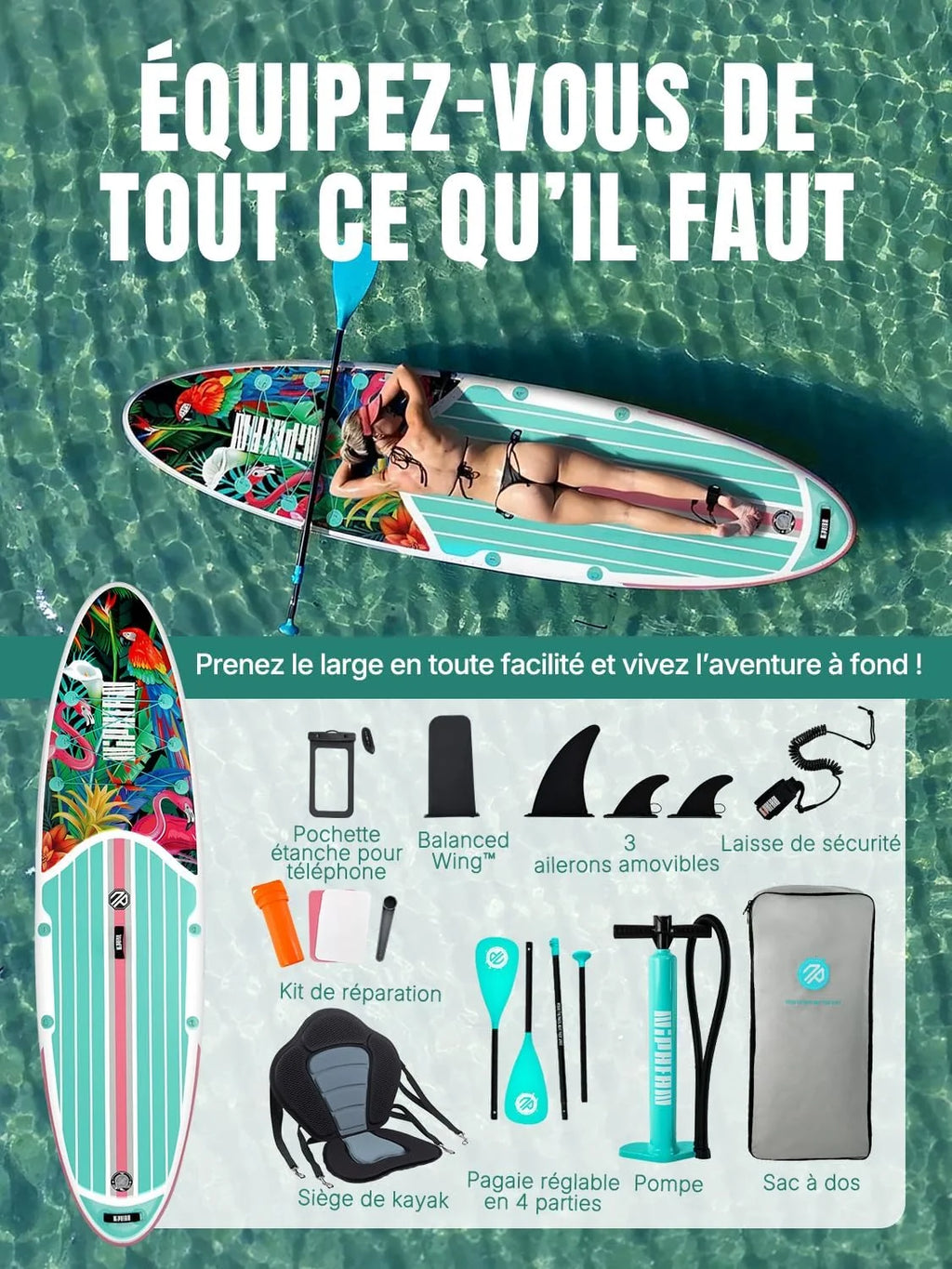 Niphean Paddle Gonflable Adulte avec Tous Les Accessoires, 320cm Planches de Stand Up Paddle Gonflables pour Tous Les Niveaux, Sup avec Capacité 200 kg pour 2 Personnes, Paddle Gonflable avec Siège