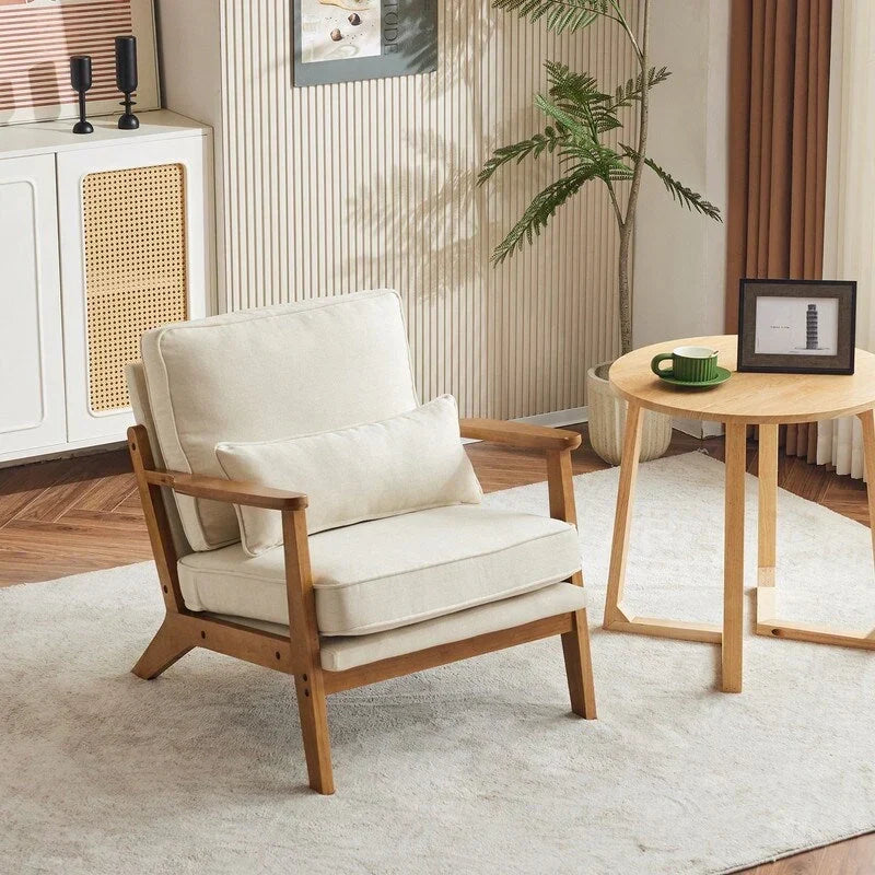 Fauteuil d'appoint rembourré en mélange de lin avec pieds en bois et un oreiller beige