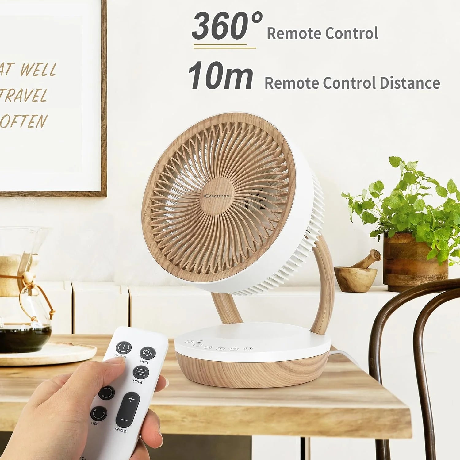 MYCARBON DC Ventilateur Ultra Silencieux 20dB avec Télécommande 1800m³/ h Ventilateur de Table Puissant et Silencieux 8 Vitesses 8h Minuterie 3D Oscillation Mode ECO pour Chambre Bureau, FS05-DC
