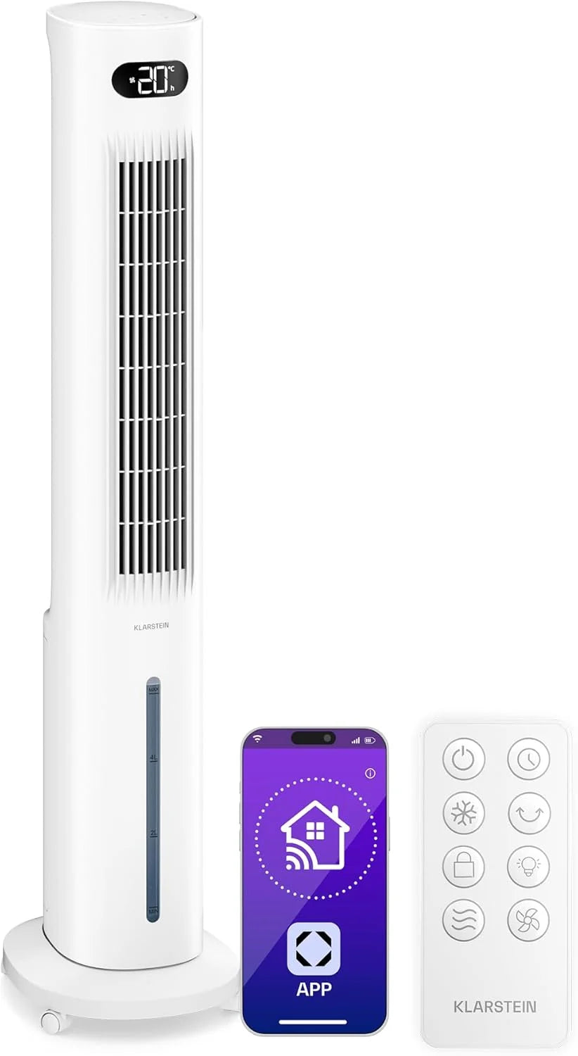 KLARSTEIN Rafraichisseur d’Air, Refroidisseur d’Air Évaporatif, 5L, Télécommande, Application, Mobile, Ventilateur Climatiseur Chambre 30m², White