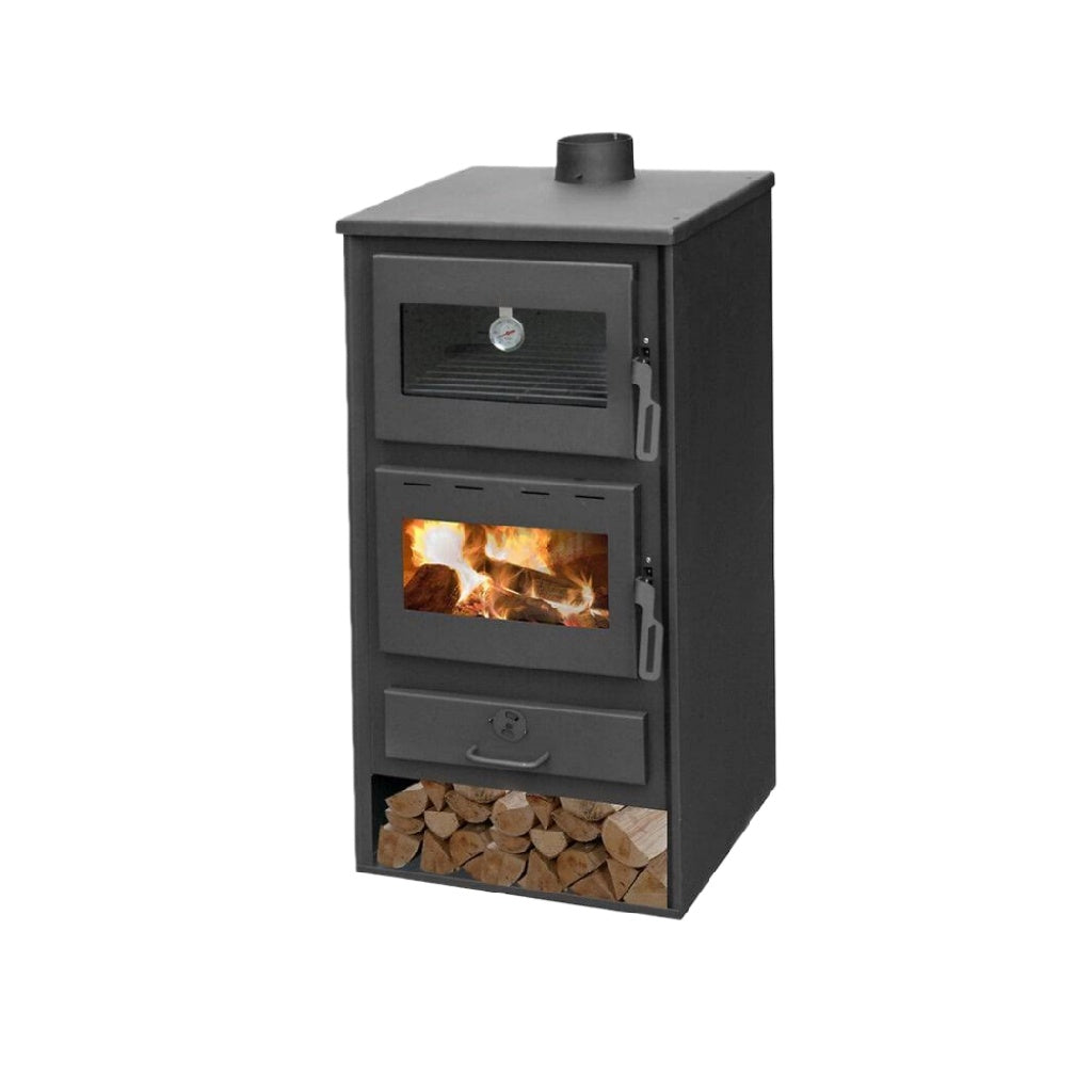 Poêle à Bois avec Four Intégré et Range-Bûches – Chauffage et Cuisson 9 kW – Acier Noir