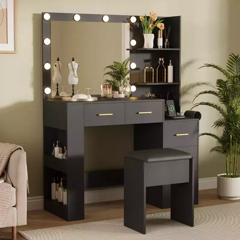 Miroir 10 ampoules | Prises intégrées Grande coiffeuse de 104 cm avec miroir et 3 modes d'éclairage - Table de maquillage avec tabouret et 5 tiroirs pour chambre à coucher