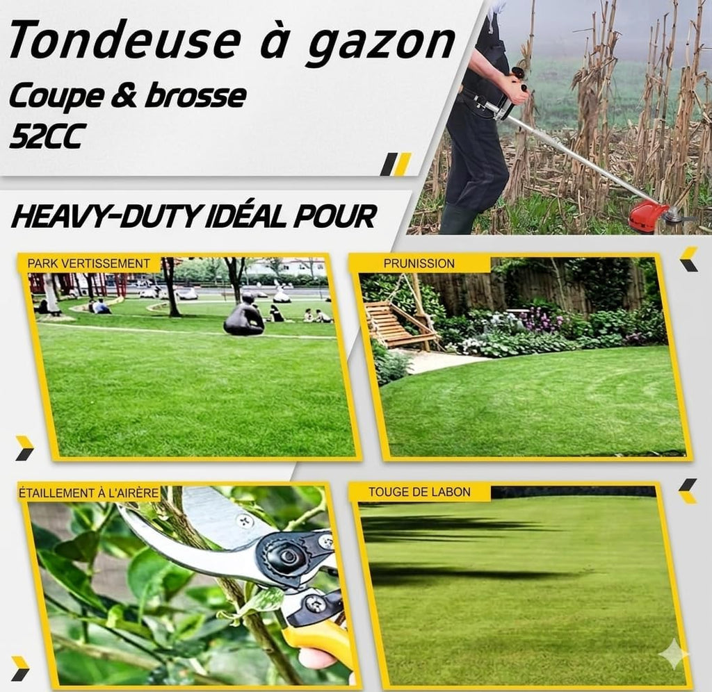 Débroussailleuse à essence 52 cc 2 temps, tige droite avec système anti-vibration, sangle de transport + accessoires pour coupe de jardin et entretien du paysage (2 en 1)