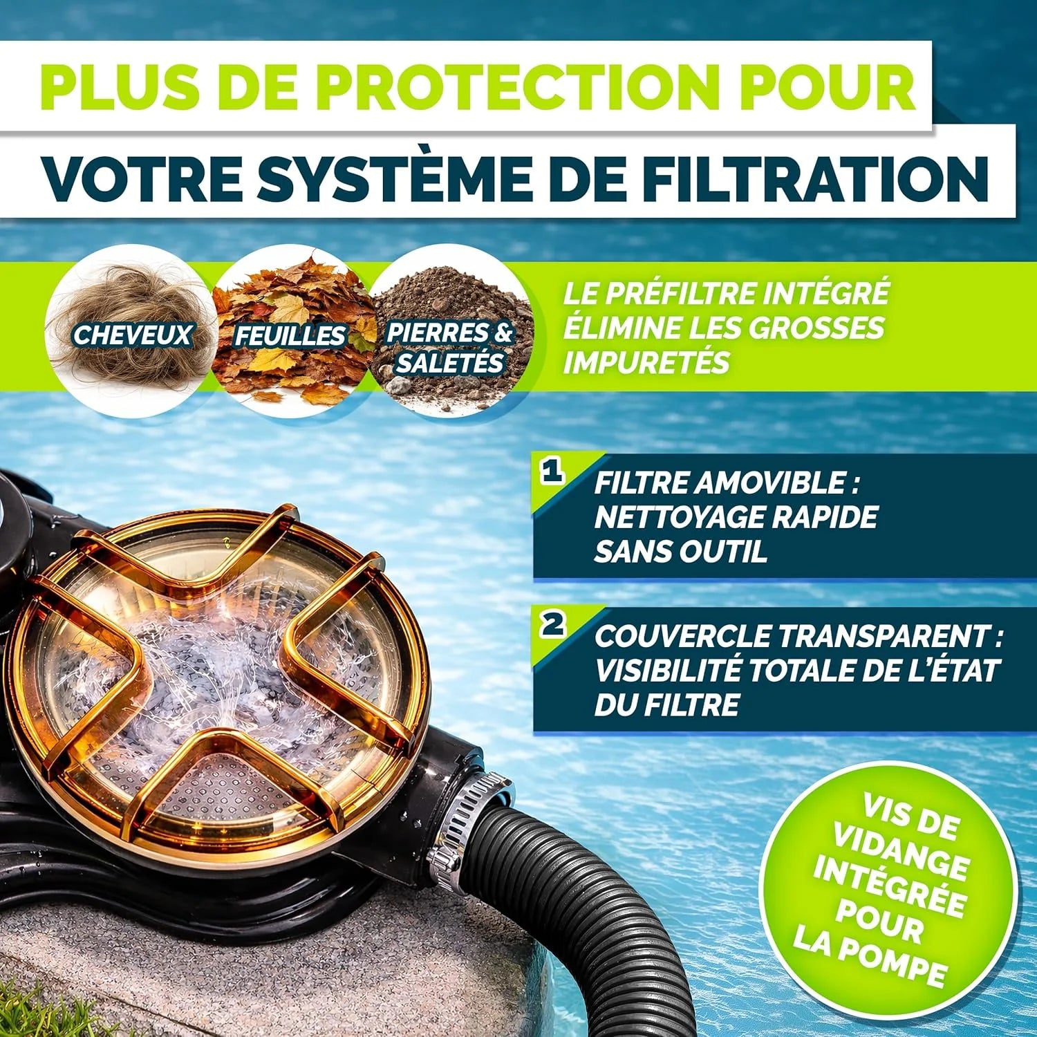 tillvex® Système de Filtre à Sable 13 200L/h jusqu'à 40 000L + 1200g Boules Filtre | 7 Fonctions & Adaptateur 2en1 Ø32-38mm | Filtre piscine & indicateur de pression (Vert, Avec minuterie)