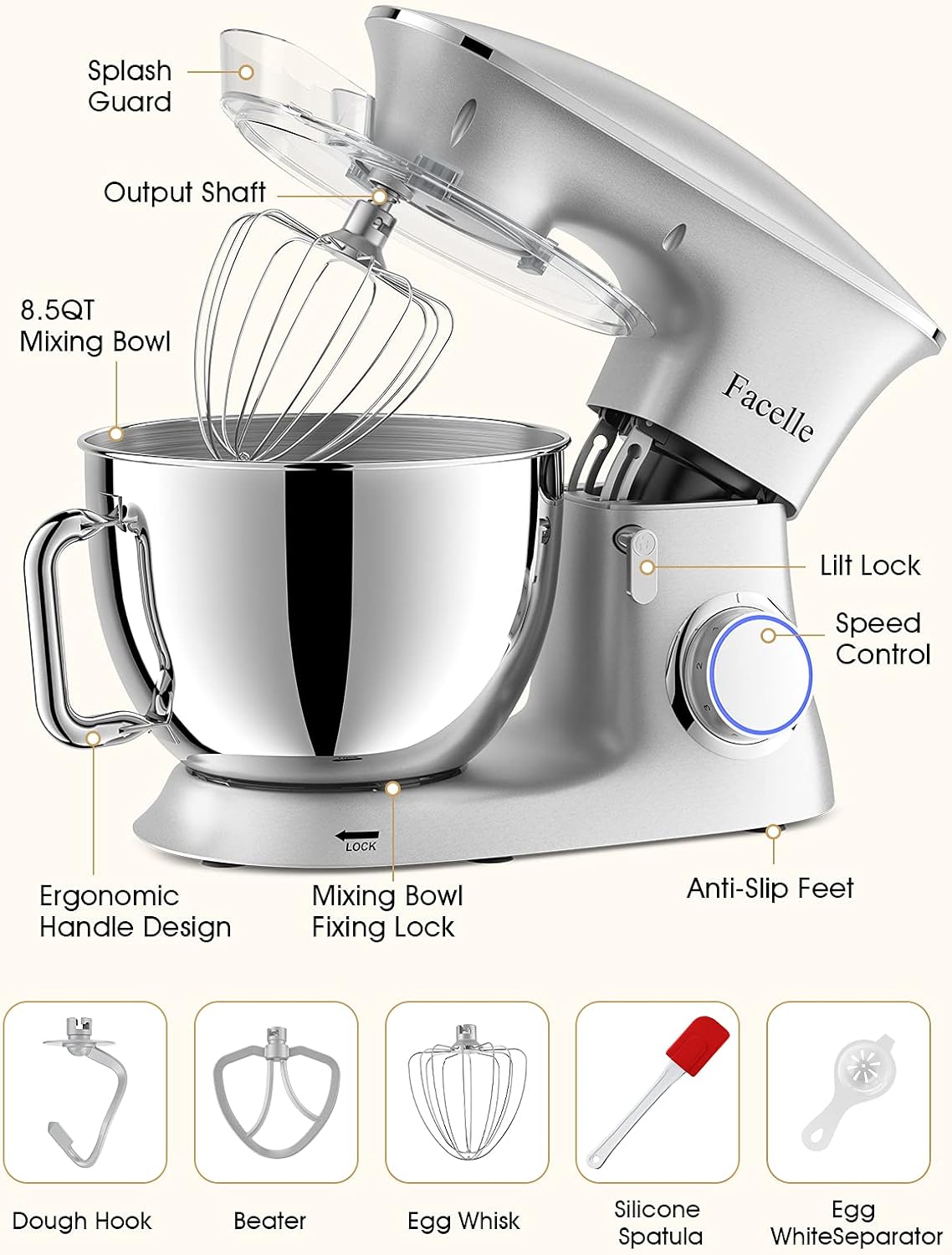 Facelle Robot Ptissier Multifonctions de Cuisine 1500W 8.5L, Puissant, Métalique, Mixeur Batteur sur Scole, avec Batteur, Fouet, Crochet Pétrin, 6 Vitesses,Robot Patisserie Multifonction