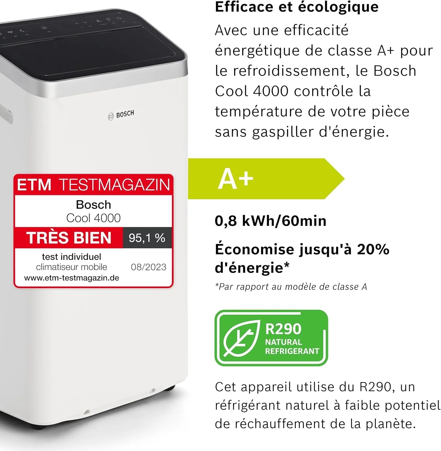 Bosch Cool 4000 Portable AC - 3 en 1 Climatiseur, Déshumidificateur, Ventilateur - 2,6 kW pour les pièces jusqu'à 35m² - Avec Mode Auto, Mode Silencieux et Mode Veille (48 db (A)) [Classe A+]