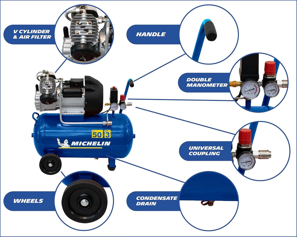 MICHELIN Compresseur d'Air Portatif MB3650 - Cuve 50 Litres - Moteur 3 cv - Pression Maximale 10 bar - Débit d'Air 360 l/min - 21.6 m³/h