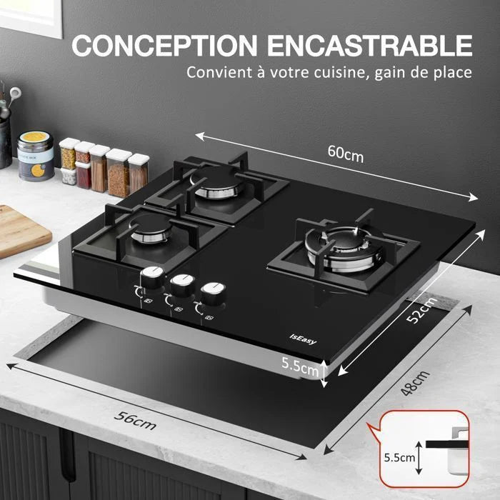 Plaque gaz ISEASY 3 feux encastrable 60x52 cm