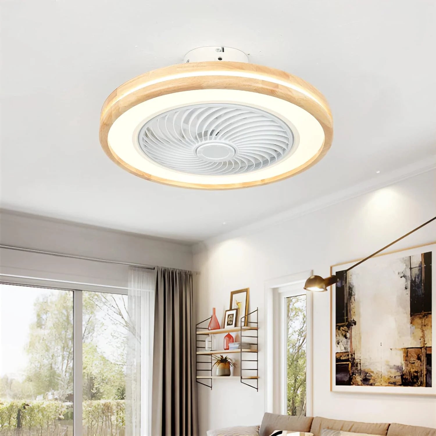 LJX Ventilateurs de Plafond avec Lumières Bois et Télécommande Plafonnier Ventilateur Design Sans Pales Été Et Hiver Réversible 6 Vitesses Moteur DC Gradable Ventilo Plafond Silencieux Pour Chambre