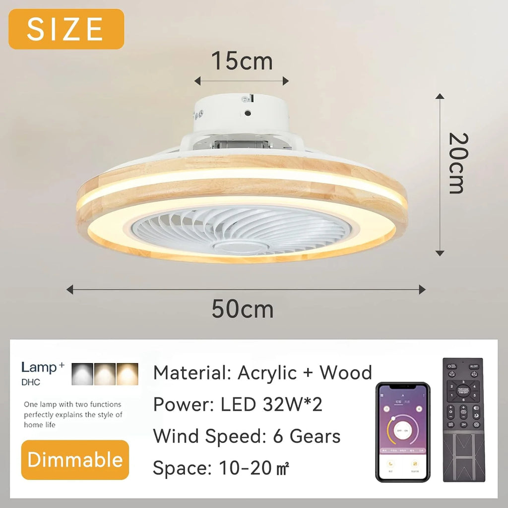 LJX Ventilateurs de Plafond avec Lumières Bois et Télécommande Plafonnier Ventilateur Design Sans Pales Été Et Hiver Réversible 6 Vitesses Moteur DC Gradable Ventilo Plafond Silencieux Pour Chambre