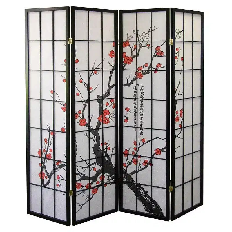 Séparateur de pièce Roundhill Furniture à 4 panneaux japonais, motif fleur de prunier