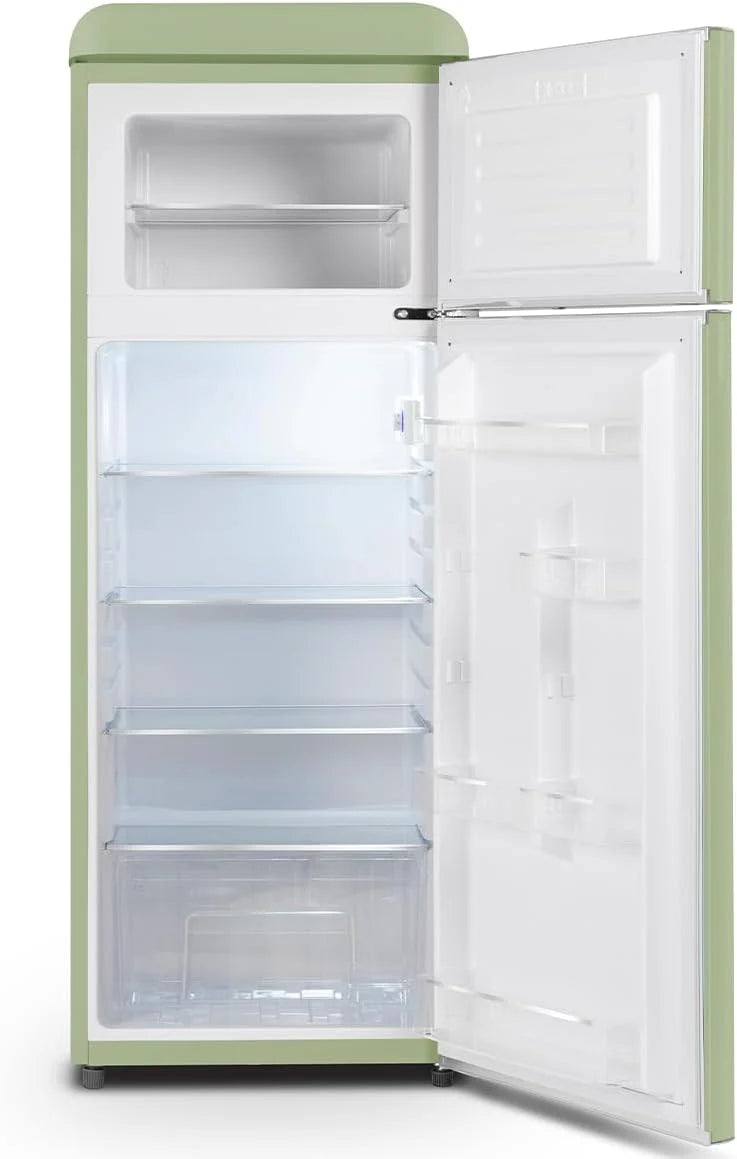 SCHNEIDER SCDD208VVA, Réfrigérateur 2 portes, 211L (172+39), Froid statique, Dégivrage automatique, 3 clayettes verre, Thermostat réglables, Pieds réglables,Vert amande