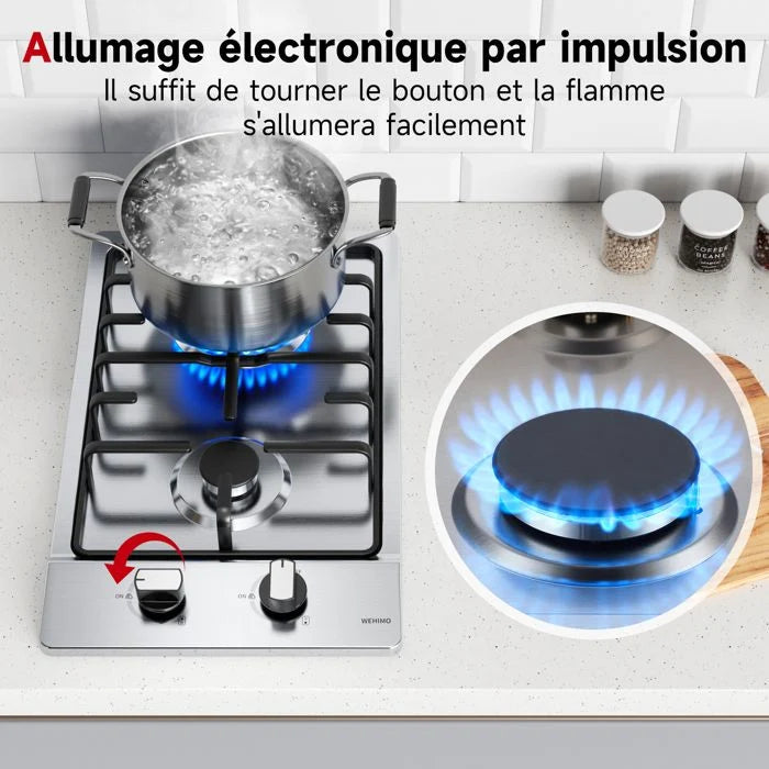 Plaque gaz WEHIMO 2 feux encastrable verre trempé