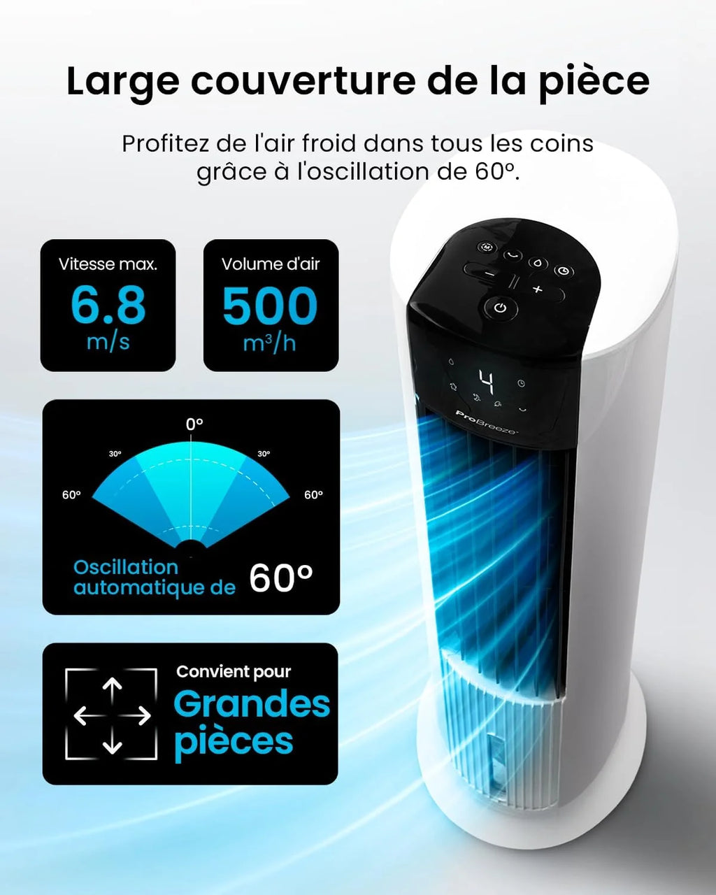 Pro Breeze OmniAir Rafraichisseur d'Air 7L 3en1, 7 Vitesses, 3 Modes, Oscillant, Minuterie 10h, Climatiseur Mobile Sans Évacuation, Silencieux, Sans Conduit, Ventilateur Refroidisseur d'Air