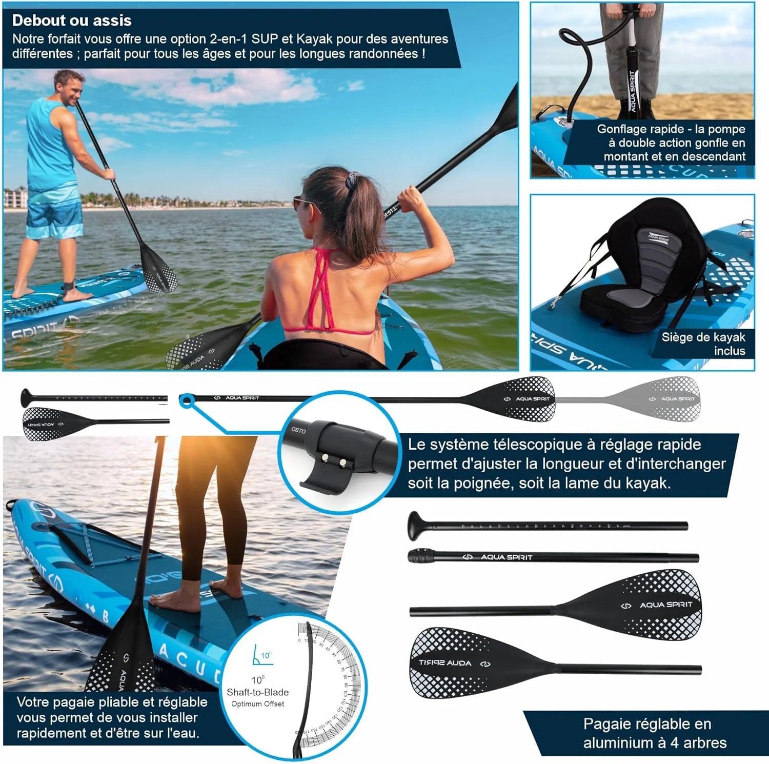 Aqua Spirit Sup Planche à pagaie Gonflable Stand Up 2023 3 m / 10 m / 10 m / 10/12 pi 6/15 pi / 18 po Kit Complet de Conversion de Kayak avec pagaie, Sac à Dos, Pompe et Autres Accessoires